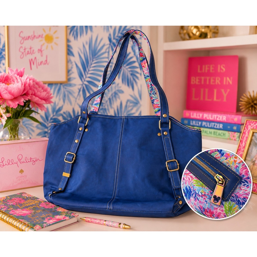 Lilly Pulitzer Blue Faux Leather Tote Bag Floral Lining Mickey Mouse Zipper Pull